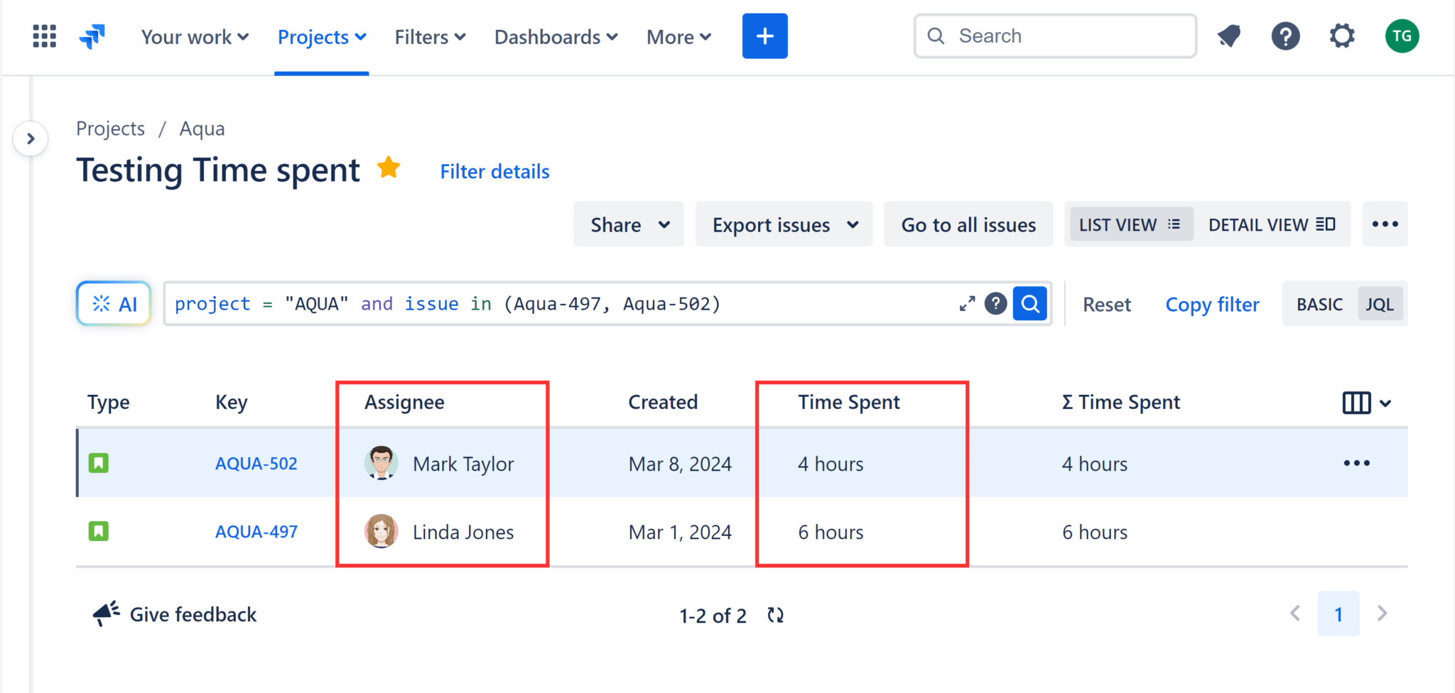 Jira JQL navigator showing list of users and their respective time spent