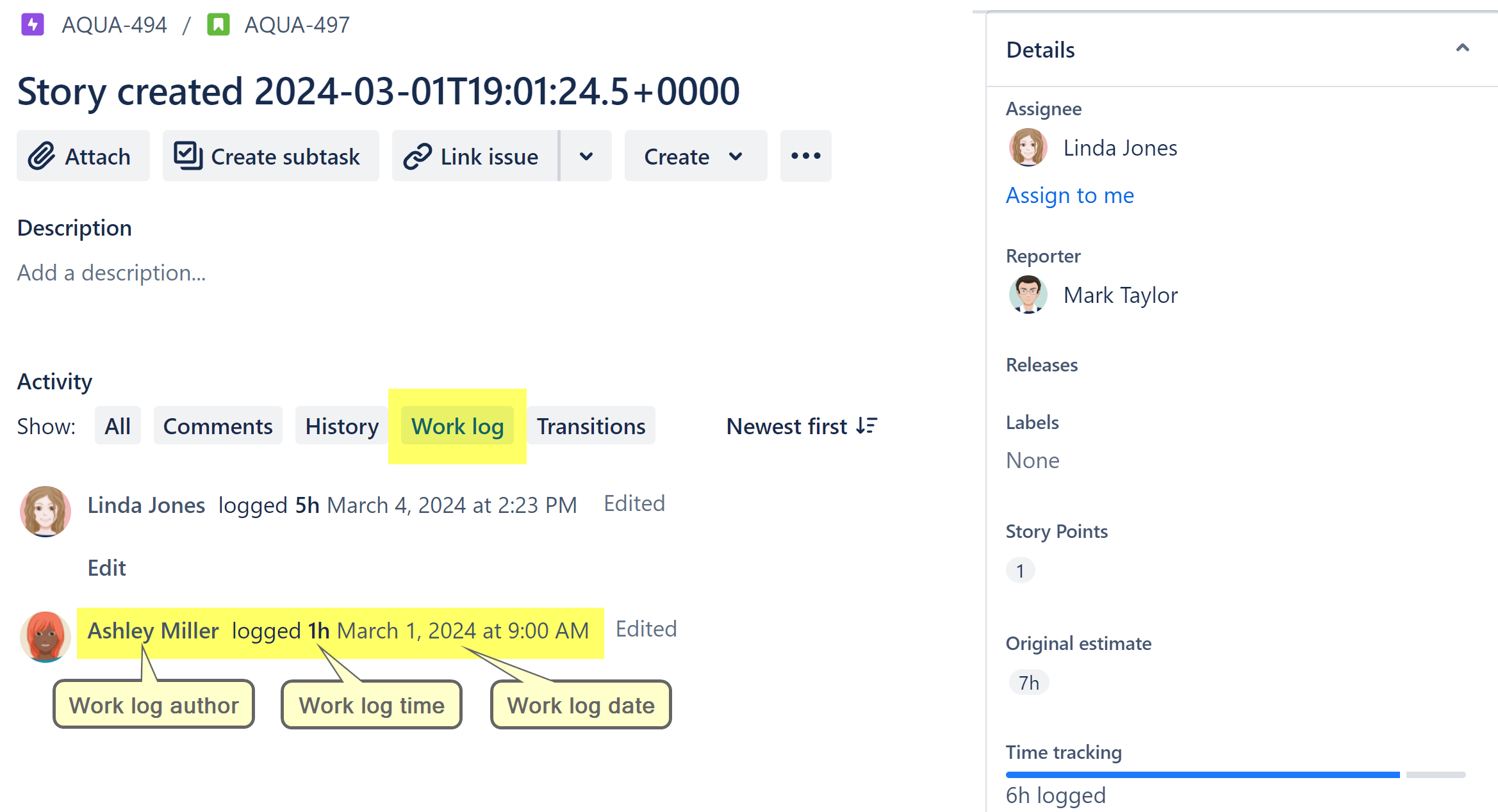 Showing individual worklog item of an Jira issue in the worklog tab