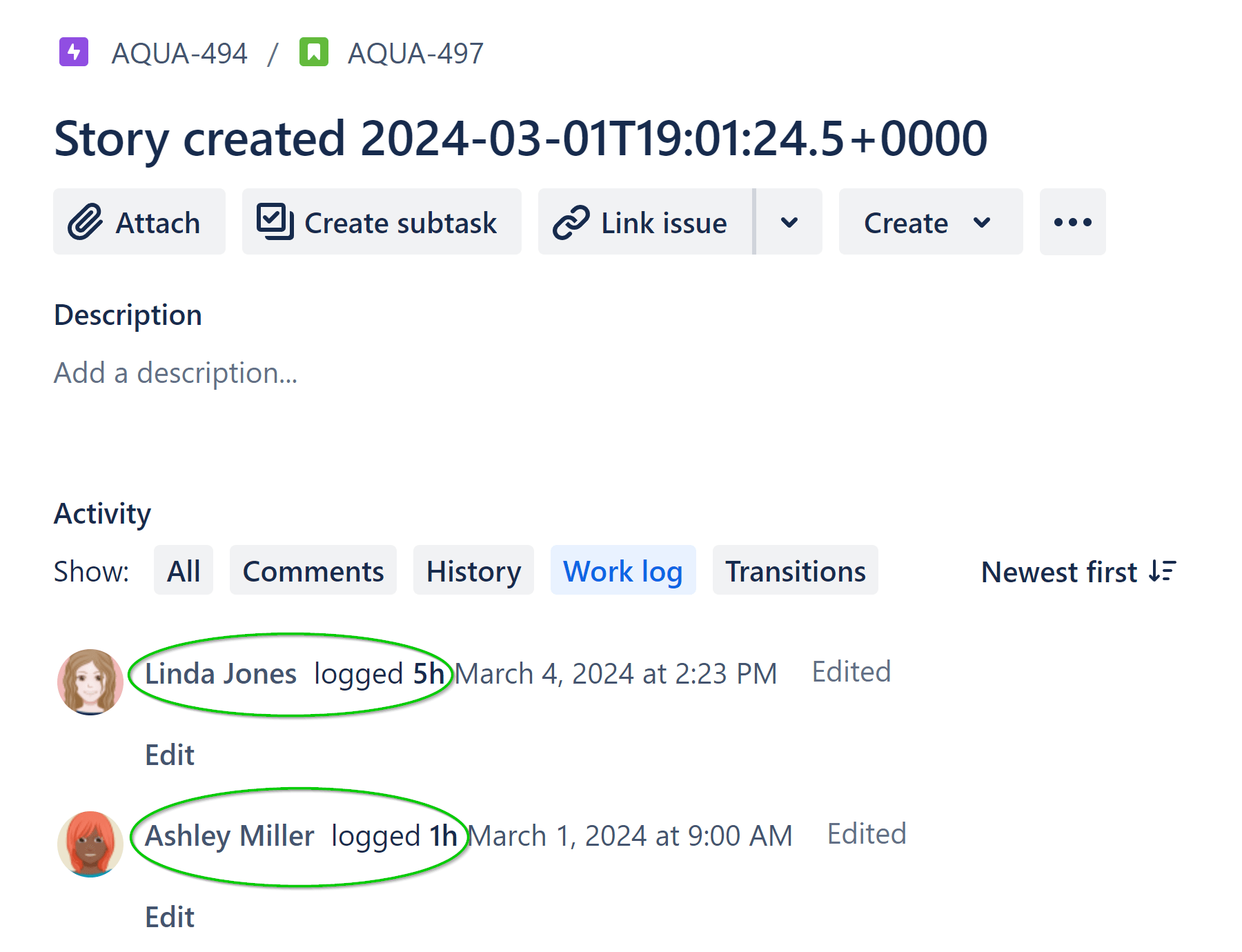 Actual worklog of 2 users seen in the worklog tab of an Jira issue