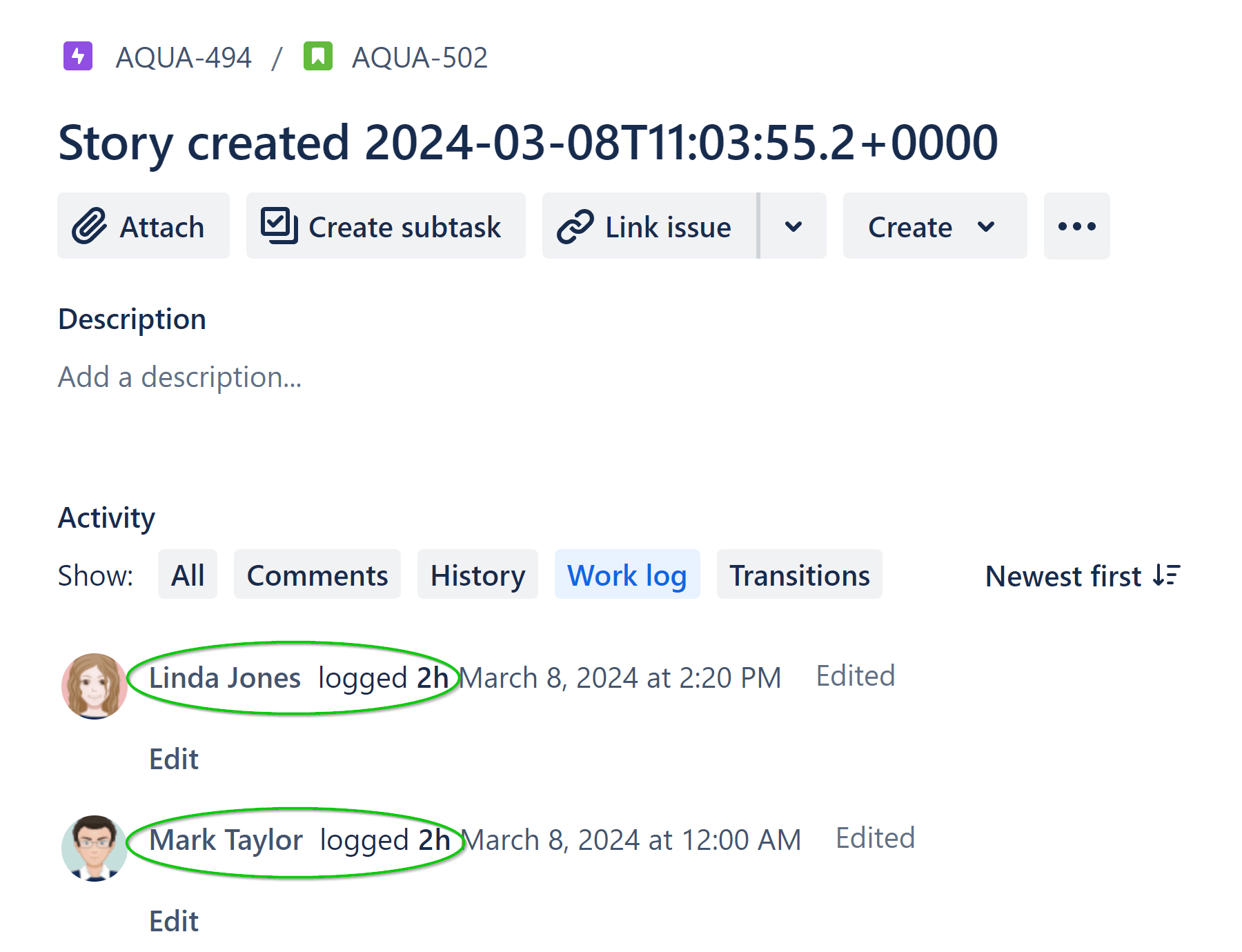 Actual worklog of 2 users seen in the worklog tab of second Jira issue