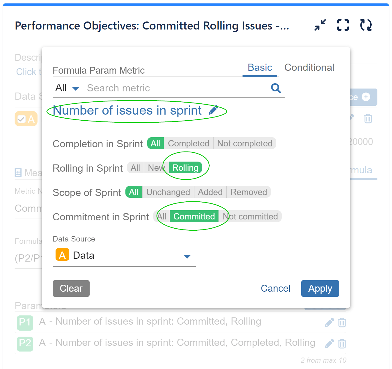 Formula metric settings