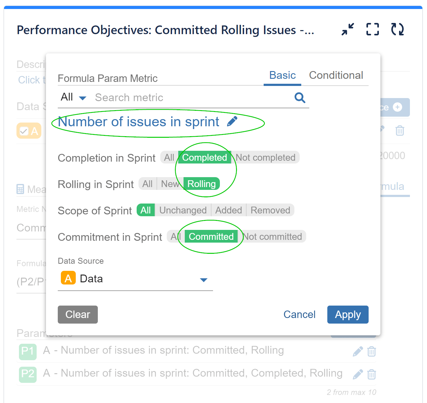 Formula metric settings for the second parameter