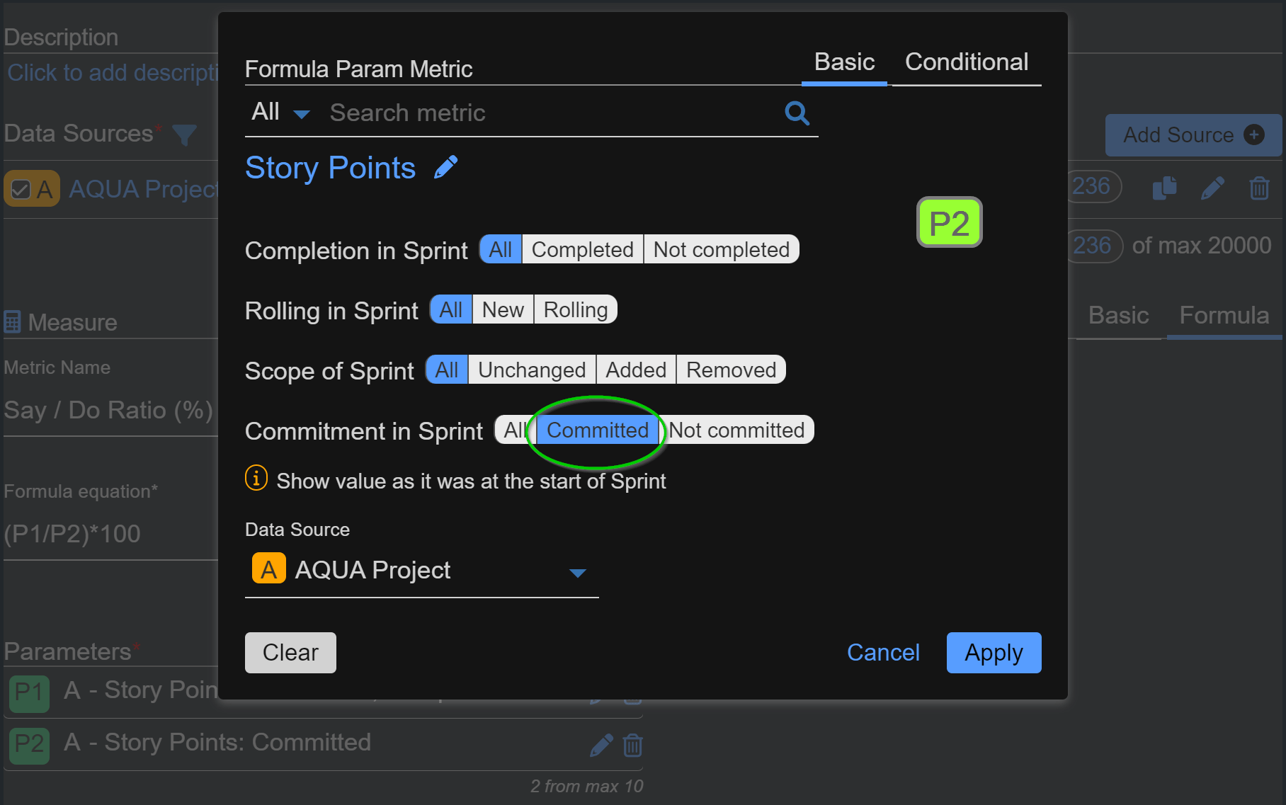 Formula metric settings for Parameter 2
