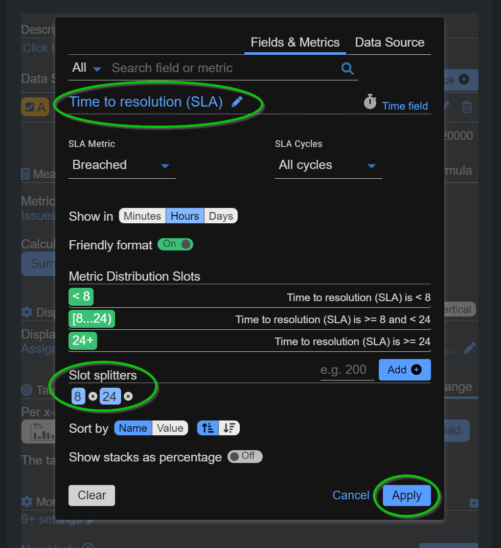settings screen for slot splitters