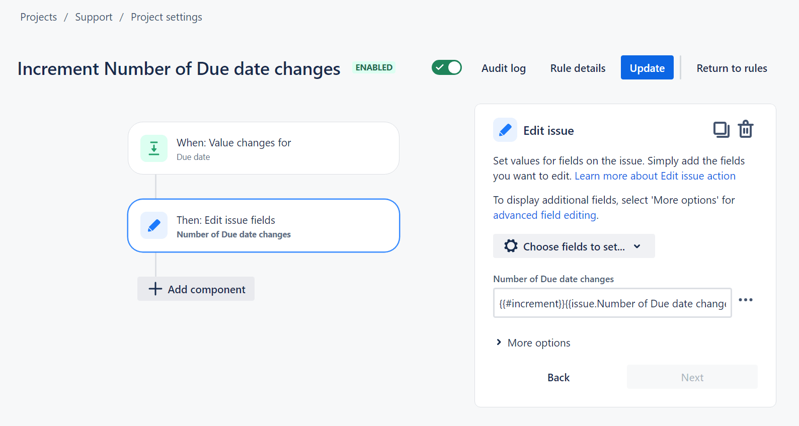 Increment rule settings