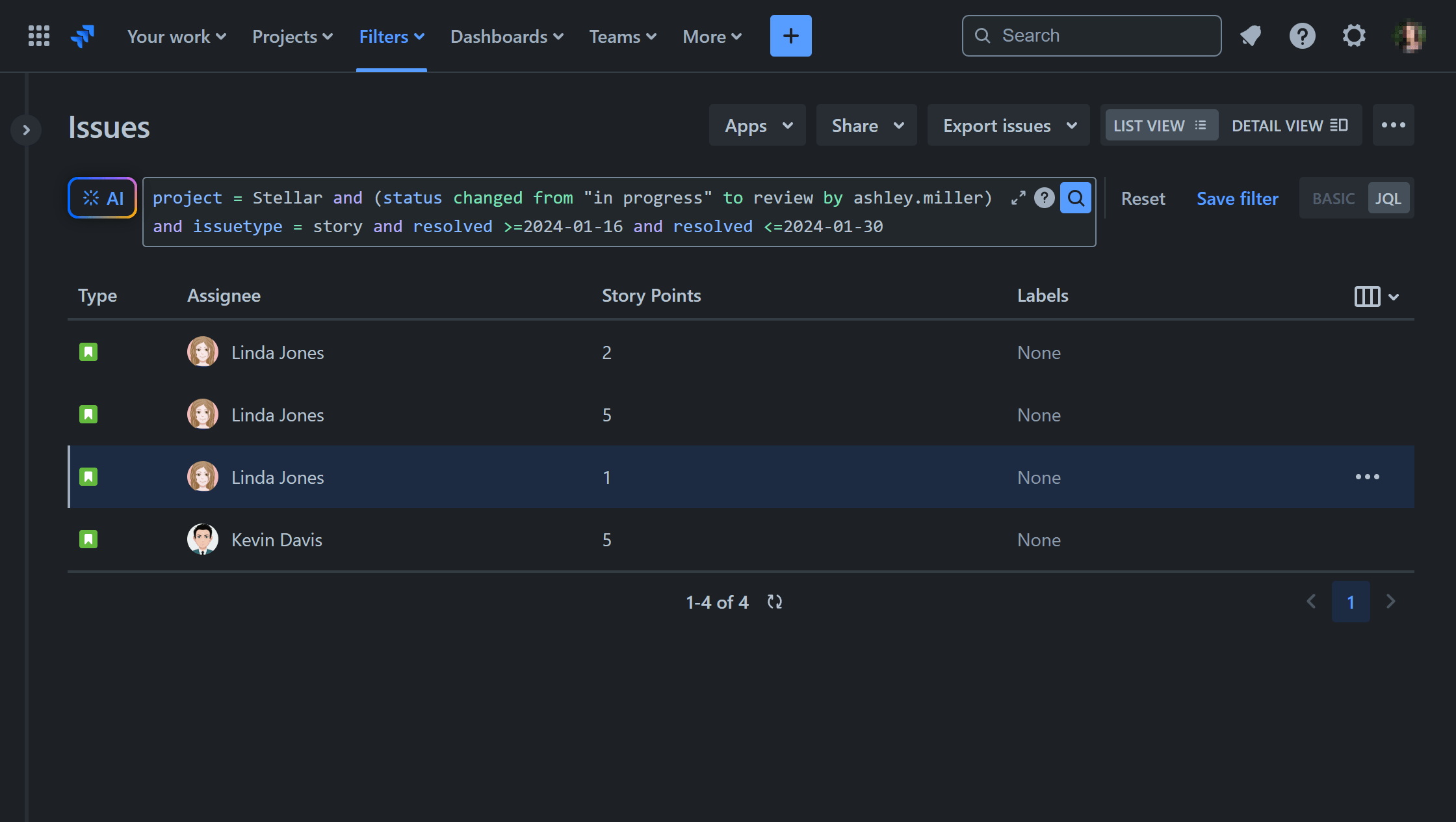 Jira Issue Navigator Filter for Story points by developer