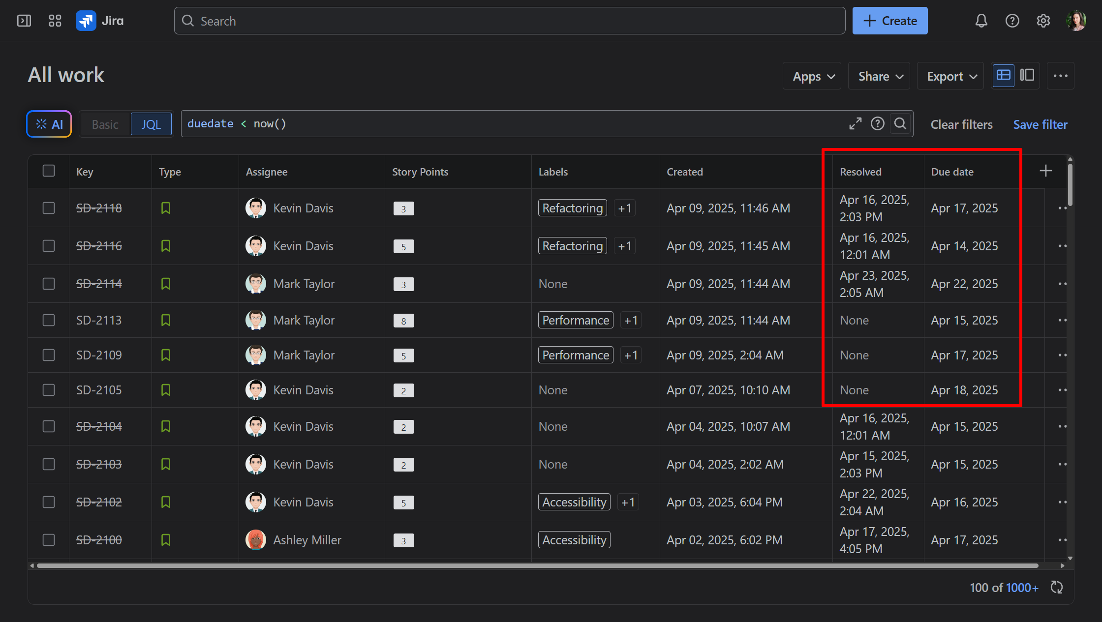 Jira Issue Navigator list with JQL for overdue issues